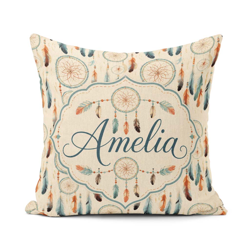 Custom Name Feathers Boho Tribal Pattern Soft Neutral Background Square Filled Cushion Throw Pillow Sofa Bed Home Decor Zip Washable UK Made