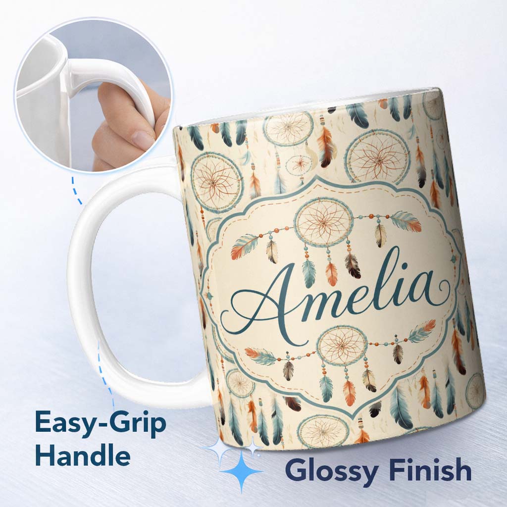 Personalized Custom Name Dreamcatcher Feathers Boho Tribal Pattern Soft Neutral Background 11oz Ceramic Coffee Tea Mug White Large Handle