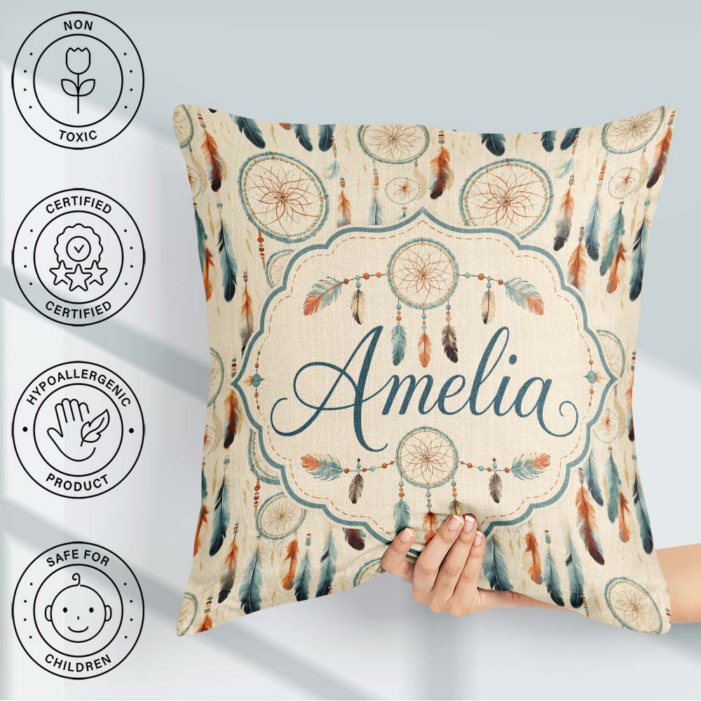 Custom Name Feathers Boho Tribal Pattern Soft Neutral Background Square Filled Cushion Throw Pillow Sofa Bed Home Decor Zip Washable UK Made
