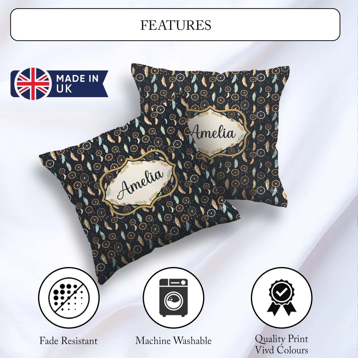 Custom Name Dreamcatcher Night Sky Stars Feather Hanging Pattern Square Filled Cushion Throw Pillow Sofa Bed Home Decor Zip Washable UK Made