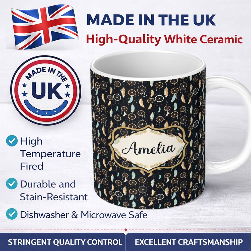 Personalized Custom Name Dreamcatcher Night Sky Stars Feather Hanging Pattern Dark 11oz Ceramic Coffee Tea Mug White Large Handle