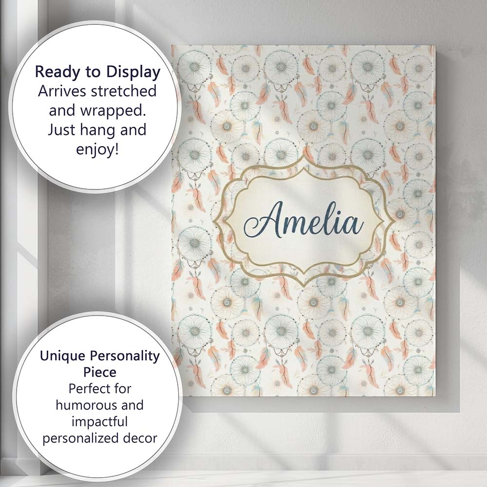 Personalised Name Delicate Pastel Dreamcatcher Feather Pattern Premium Decorative Design Canvas Wall Art Print Decor Picture Ready to Hang