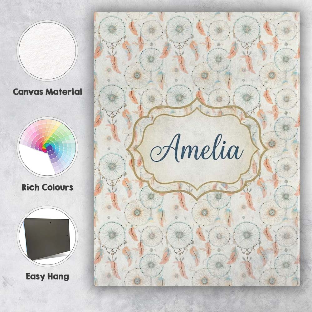 Personalised Name Delicate Pastel Dreamcatcher Feather Pattern Premium Decorative Design Canvas Wall Art Print Decor Picture Ready to Hang