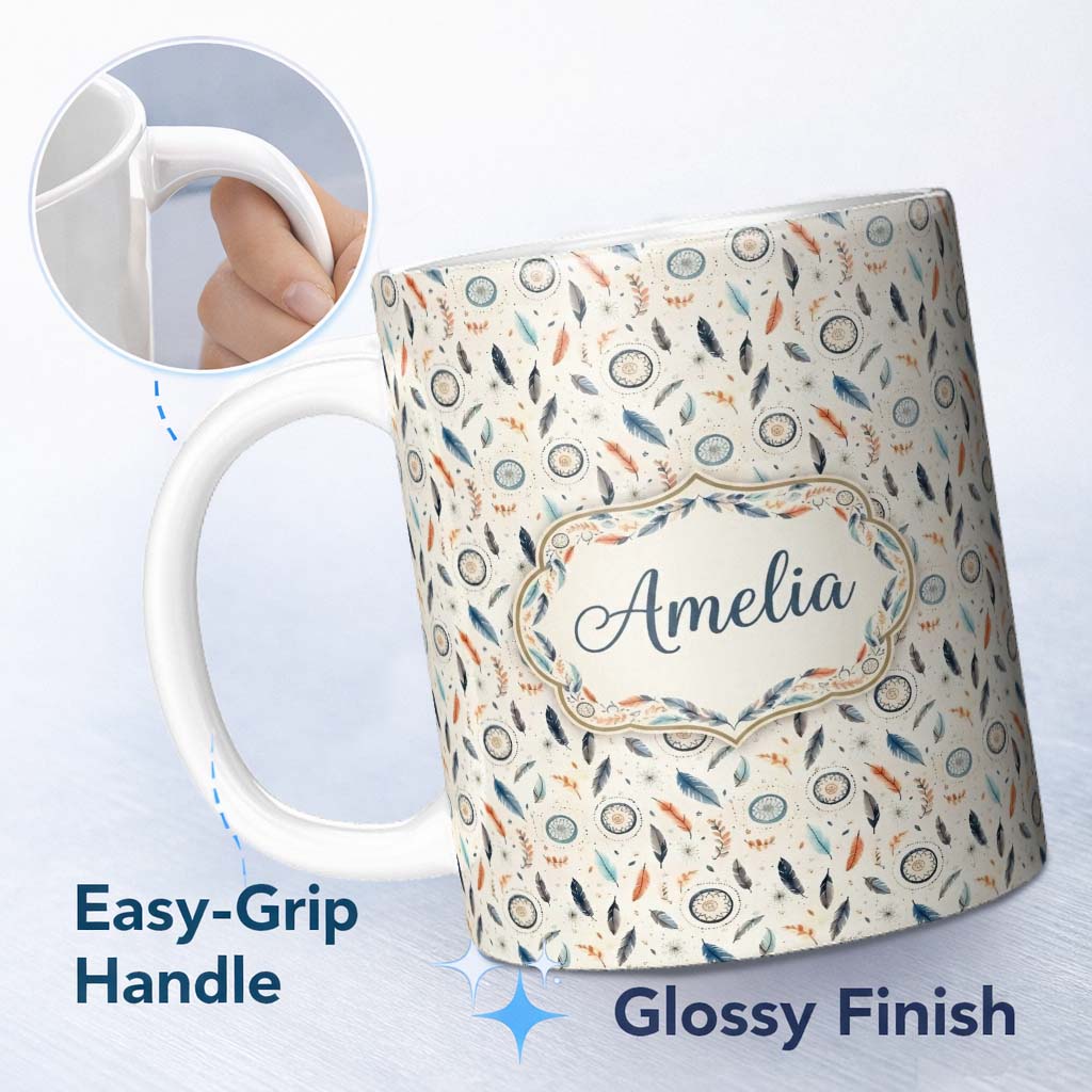 Personalized Custom Name Boho Feathers Leaves Tribal Elements Seamless Pattern Cream 11oz Ceramic Coffee Tea Mug White Large Handle
