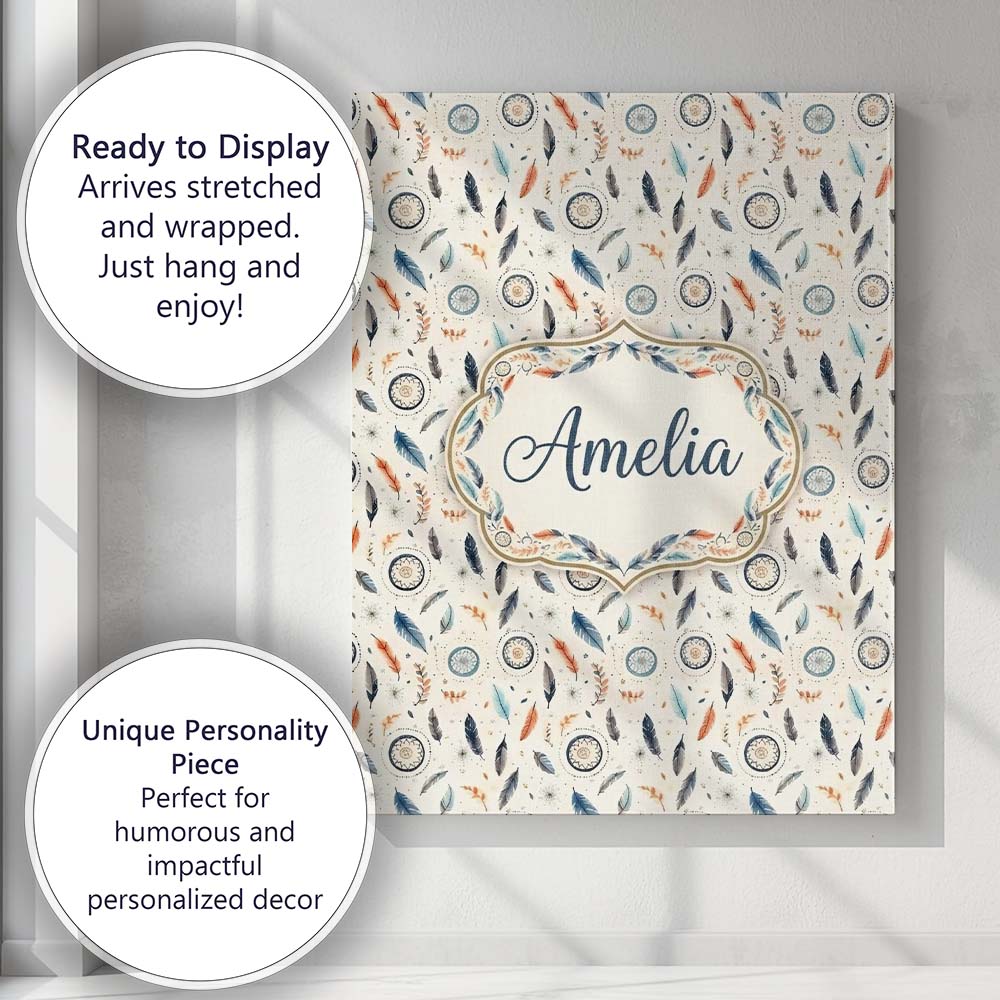 Personalised Name Boho Feathers Leaves Custom Modern Room Accent Elegant Feature Canvas Wall Art Print Decor Picture Ready to Hang