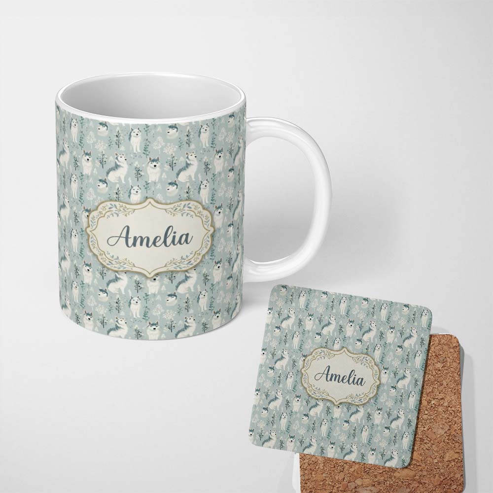 Personalized Custom Name Cute Husky Dogs Floral Forest Pattern Soft Blue Background Name 11oz Ceramic Coffee Tea Mug White Large Handle
