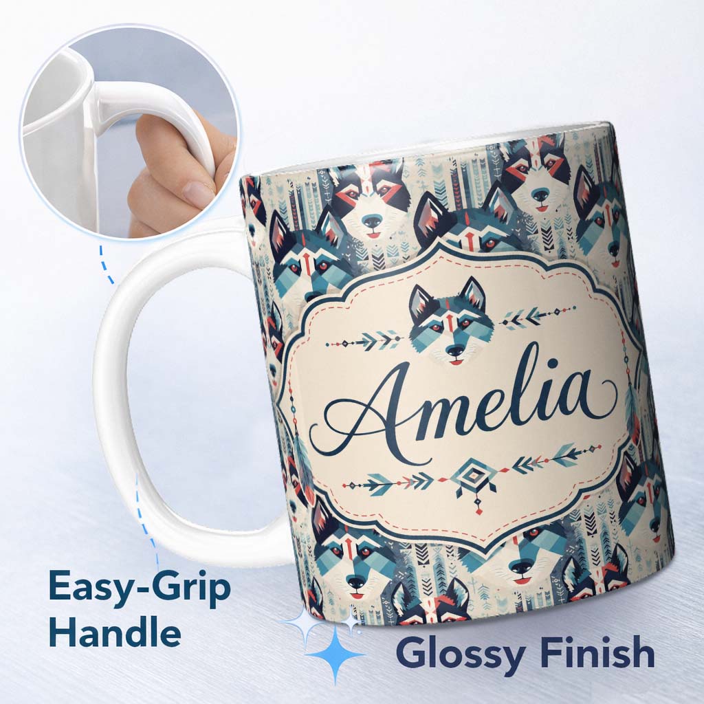 Personalized Custom Name Geometric Husky Dog Faces Tribal Style Seamless Pattern Name Cute 11oz Ceramic Coffee Tea Mug White Large Handle
