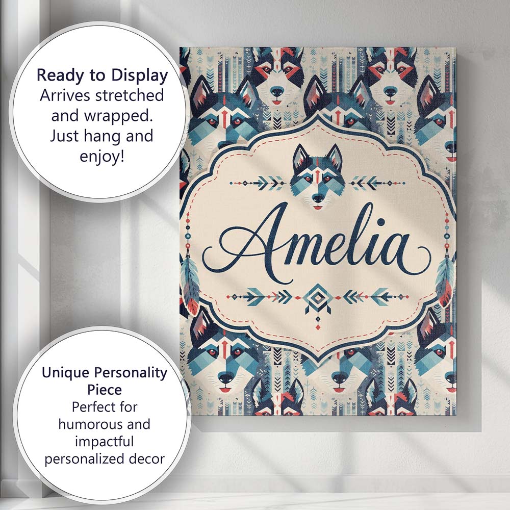 Personalised Name Geometric Husky Dog Faces Custom Bespoke Interior Contemporary Canvas Wall Art Print Decor Picture Ready to Hang