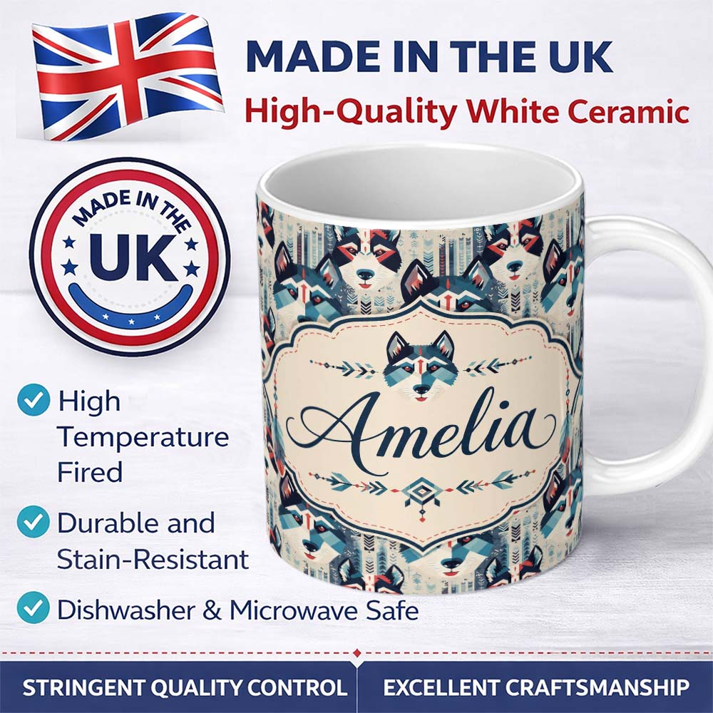 Personalized Custom Name Geometric Husky Dog Faces Tribal Style Seamless Pattern Name Cute 11oz Ceramic Coffee Tea Mug White Large Handle