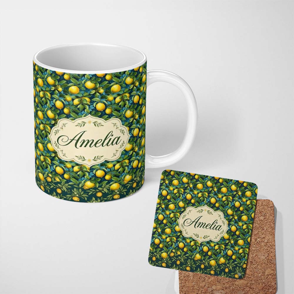 Personalized Custom Name Rich Blue Background with Vibrant Lemon Tree Branches Seamless 11oz Ceramic Coffee Tea Mug White Large Handle