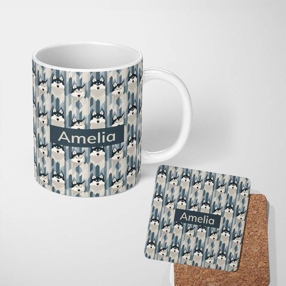 Personalized Custom Name Modern Minimal Husky Dogs Abstract Shapes Pattern Blue Grey Name 11oz Ceramic Coffee Tea Mug White Large Handle