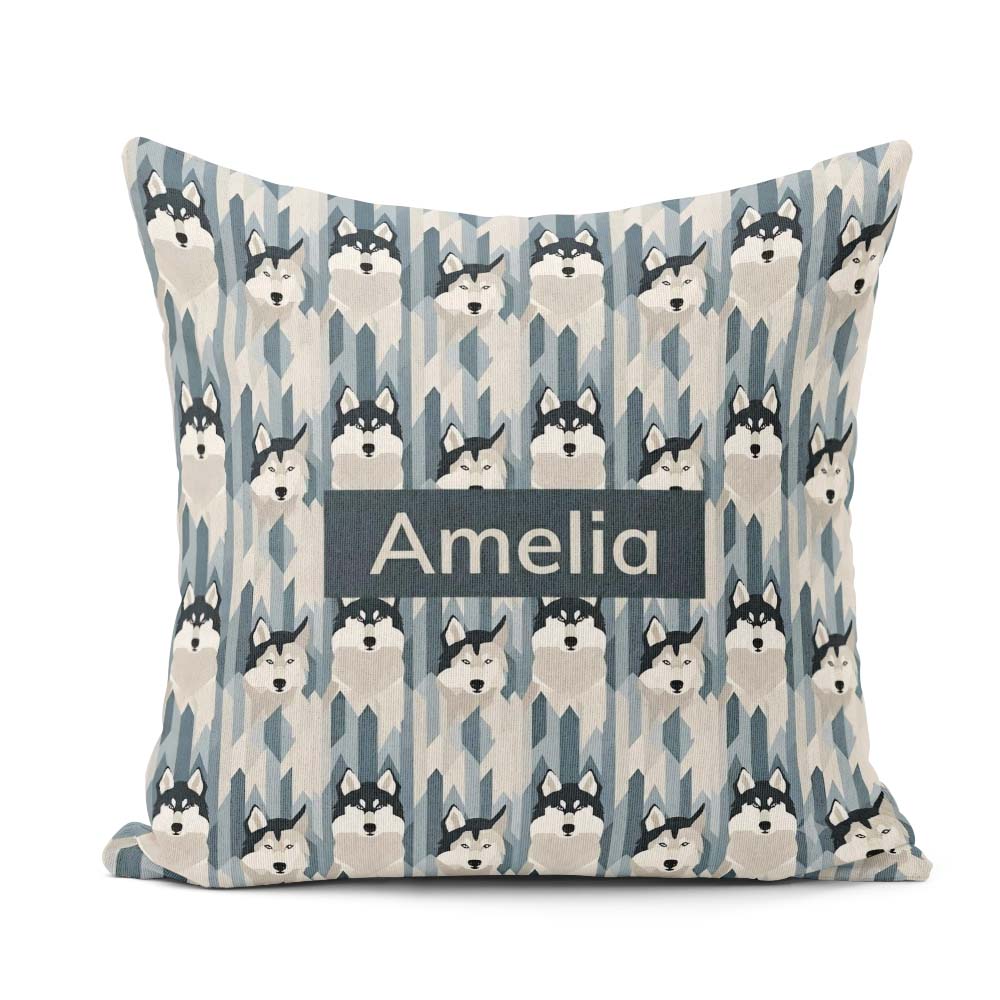 Custom Name Modern Minimal Husky Dogs Abstract Pattern Blue Grey Square Filled Cushion Throw Pillow Sofa Bed Home Decor Zip Washable UK Made