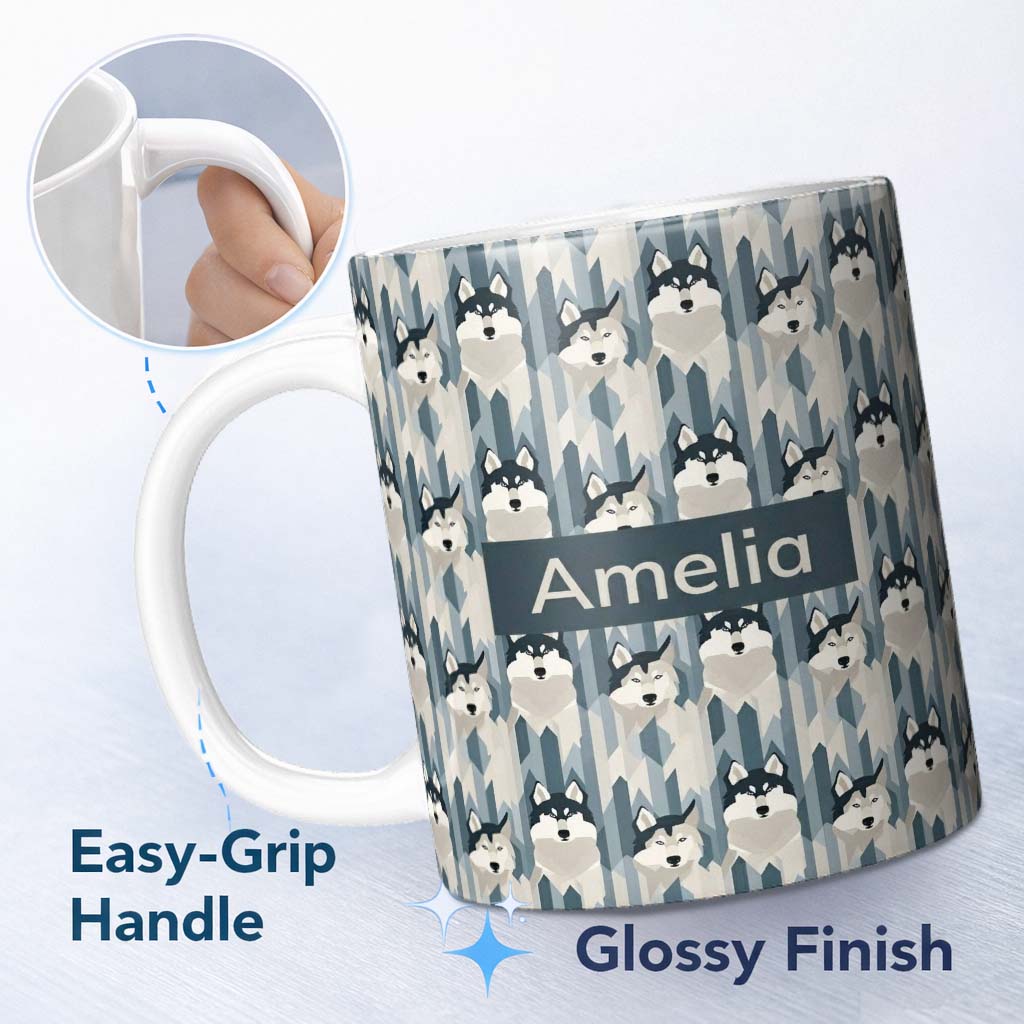 Personalized Custom Name Modern Minimal Husky Dogs Abstract Shapes Pattern Blue Grey Name 11oz Ceramic Coffee Tea Mug White Large Handle