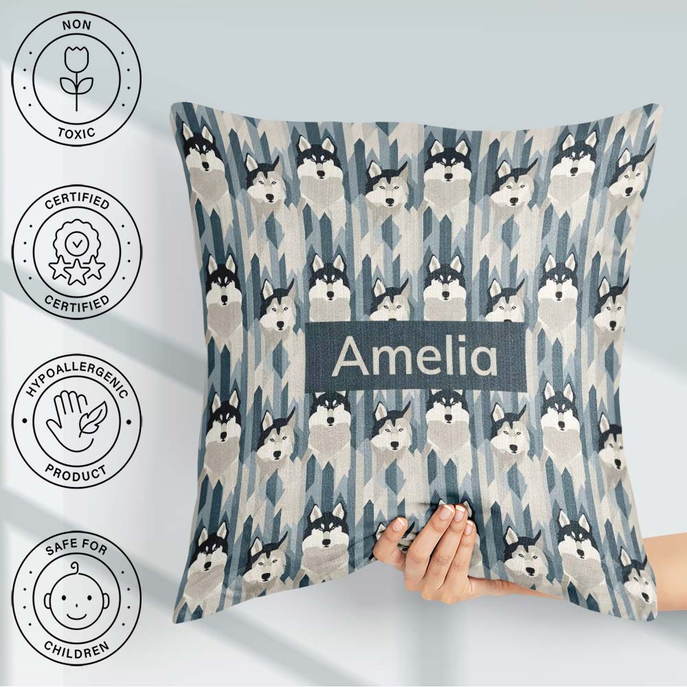 Custom Name Modern Minimal Husky Dogs Abstract Pattern Blue Grey Square Filled Cushion Throw Pillow Sofa Bed Home Decor Zip Washable UK Made