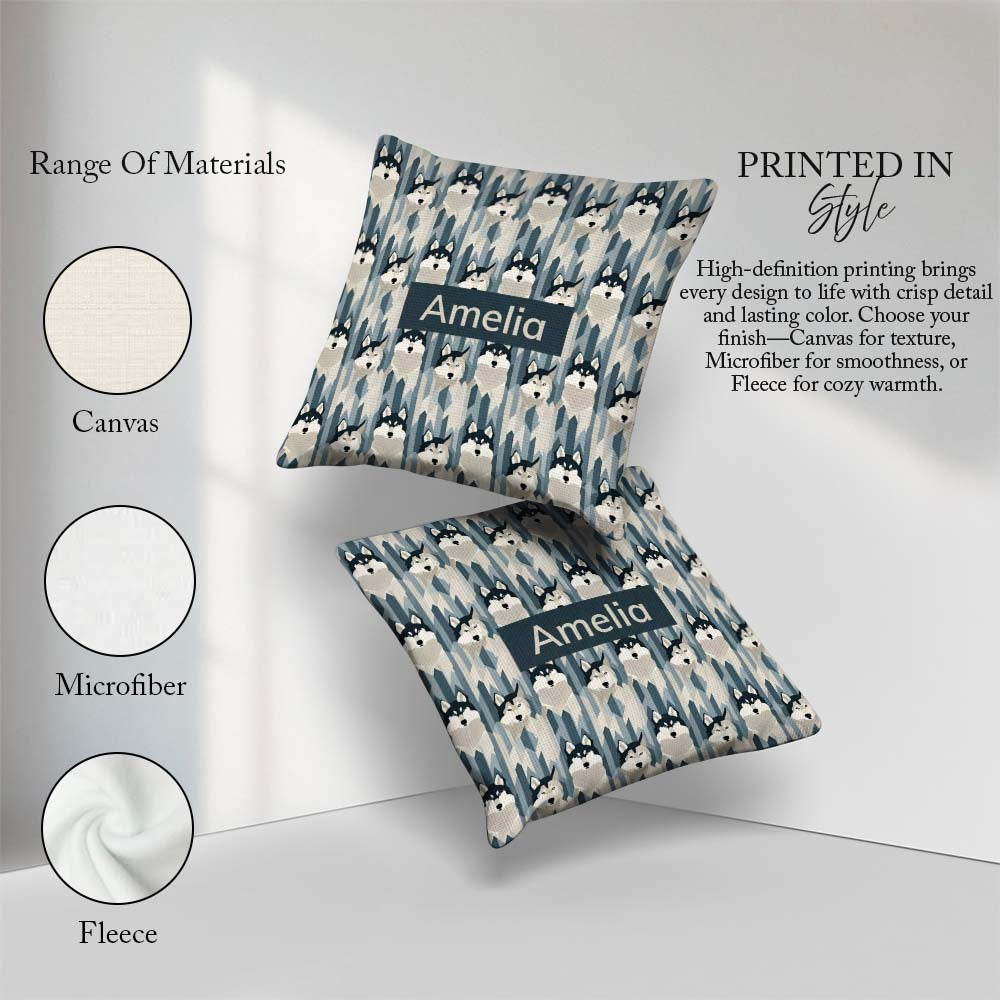 Custom Name Modern Minimal Husky Dogs Abstract Pattern Blue Grey Square Filled Cushion Throw Pillow Sofa Bed Home Decor Zip Washable UK Made