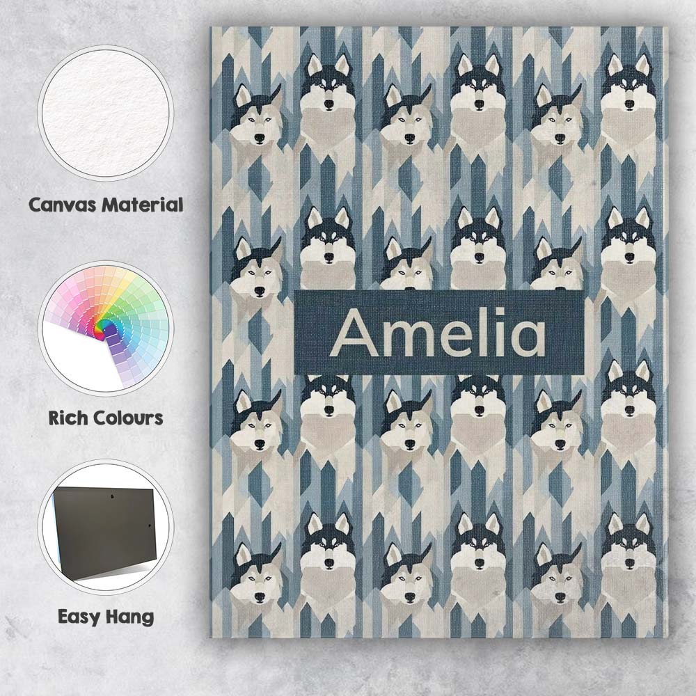 Personalised Name Modern Minimal Husky Dogs Custom Bespoke Interior Contemporary Canvas Wall Art Print Decor Picture Ready to Hang