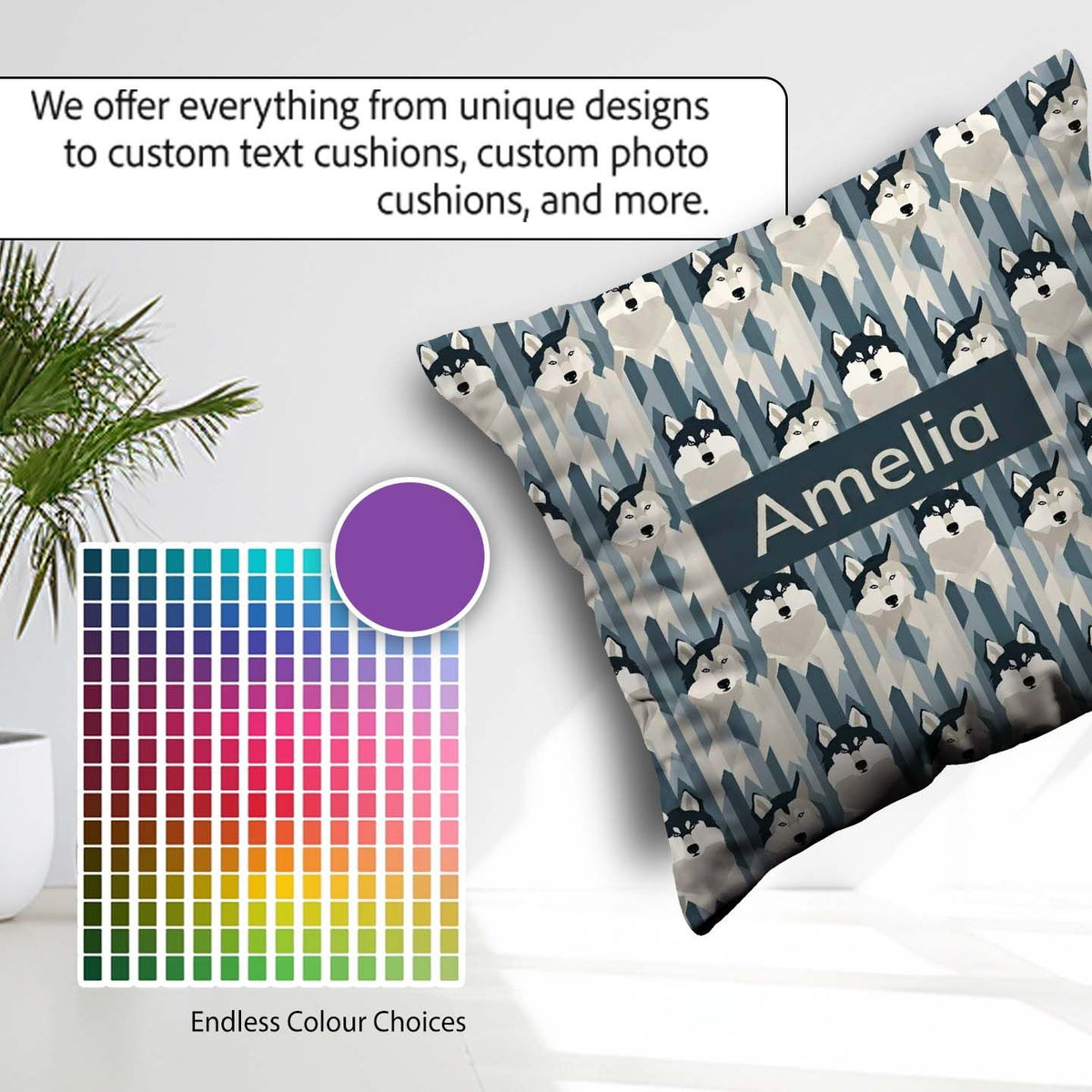 Custom Name Modern Minimal Husky Dogs Abstract Pattern Blue Grey Square Filled Cushion Throw Pillow Sofa Bed Home Decor Zip Washable UK Made