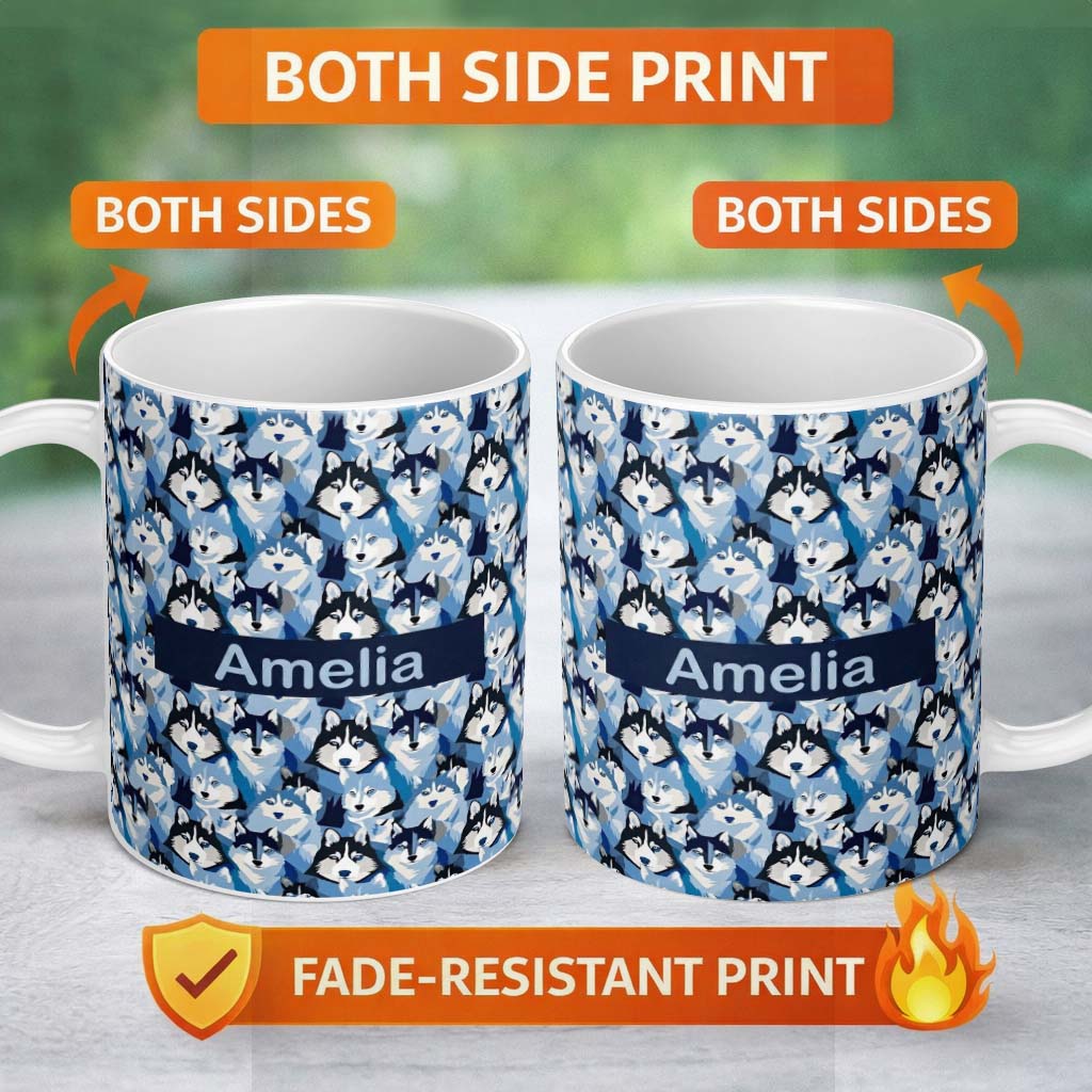 Personalized Custom Name Blue Tone Husky Dog Faces Seamless Repeat Pattern Stylish Design 11oz Ceramic Coffee Tea Mug White Large Handle