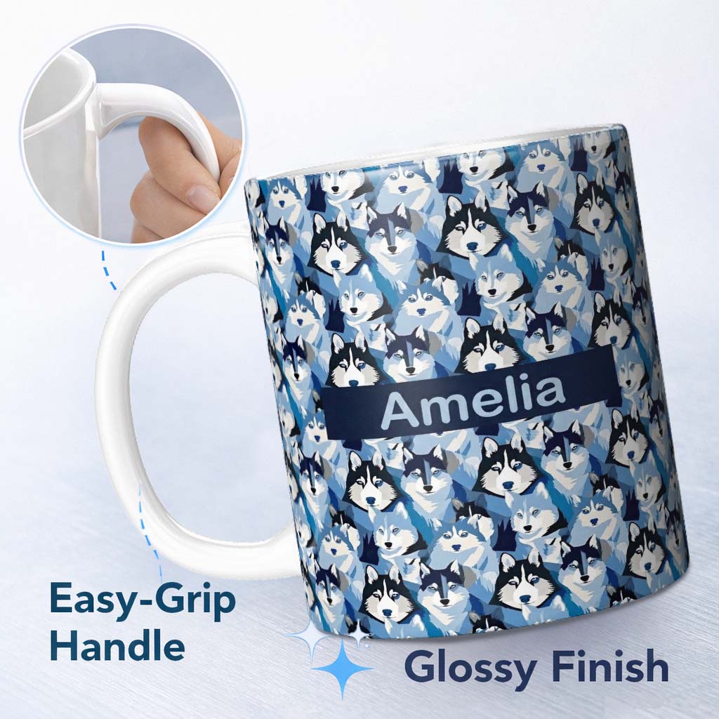 Personalized Custom Name Blue Tone Husky Dog Faces Seamless Repeat Pattern Stylish Design 11oz Ceramic Coffee Tea Mug White Large Handle