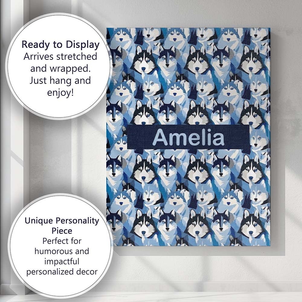 Personalised Name Blue Tone Husky Dog Faces Custom Bespoke Interior Contemporary Canvas Wall Art Print Decor Picture Ready to Hang