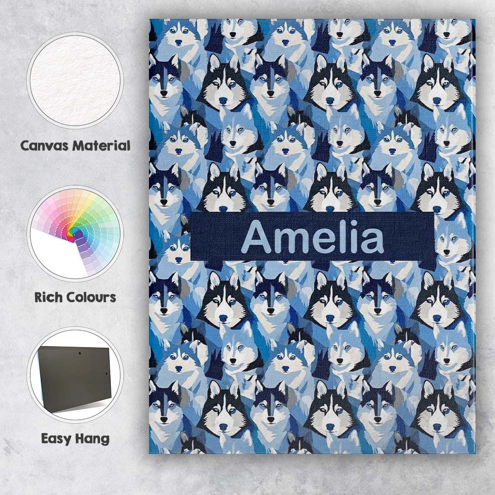 Personalised Name Blue Tone Husky Dog Faces Custom Bespoke Interior Contemporary Canvas Wall Art Print Decor Picture Ready to Hang