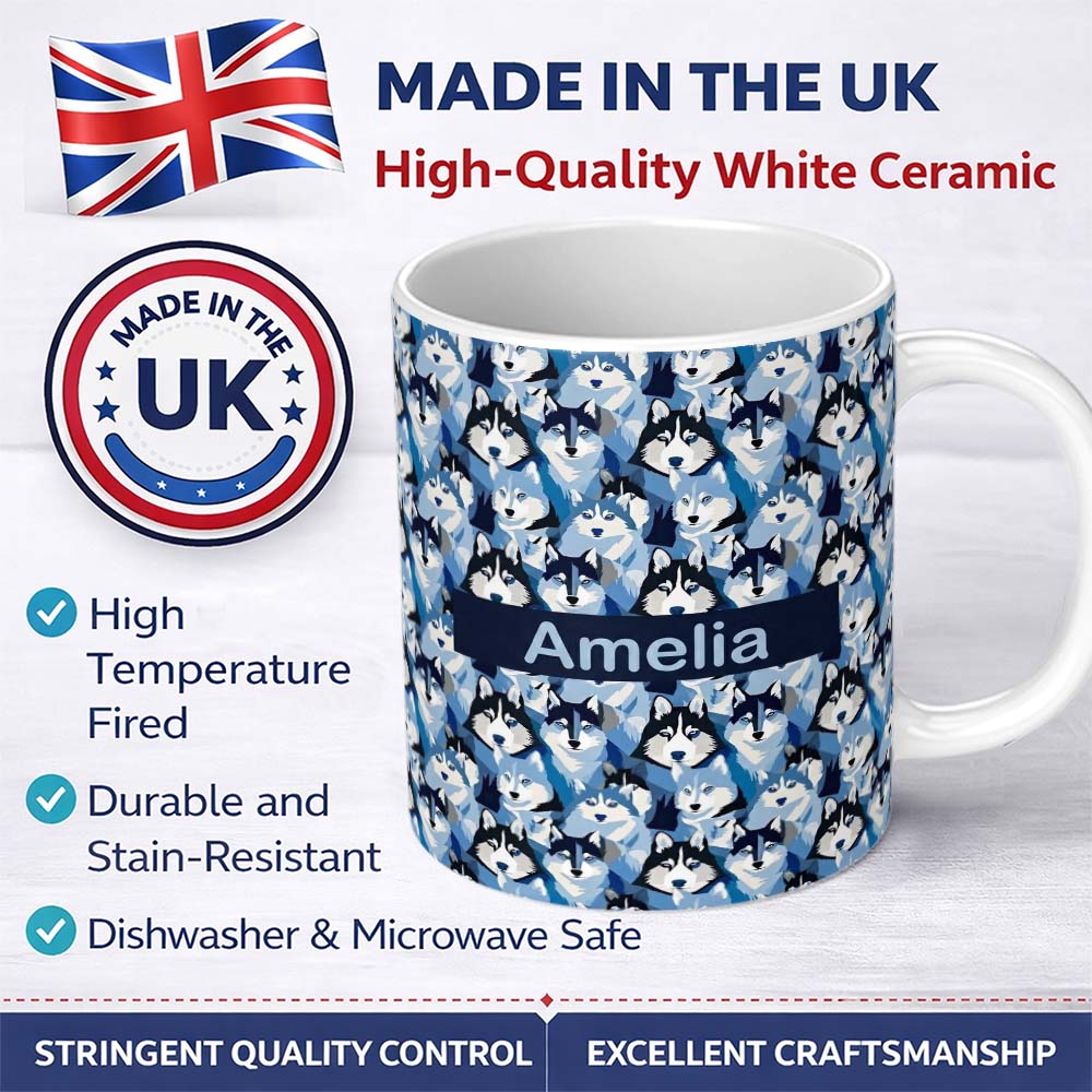 Personalized Custom Name Blue Tone Husky Dog Faces Seamless Repeat Pattern Stylish Design 11oz Ceramic Coffee Tea Mug White Large Handle