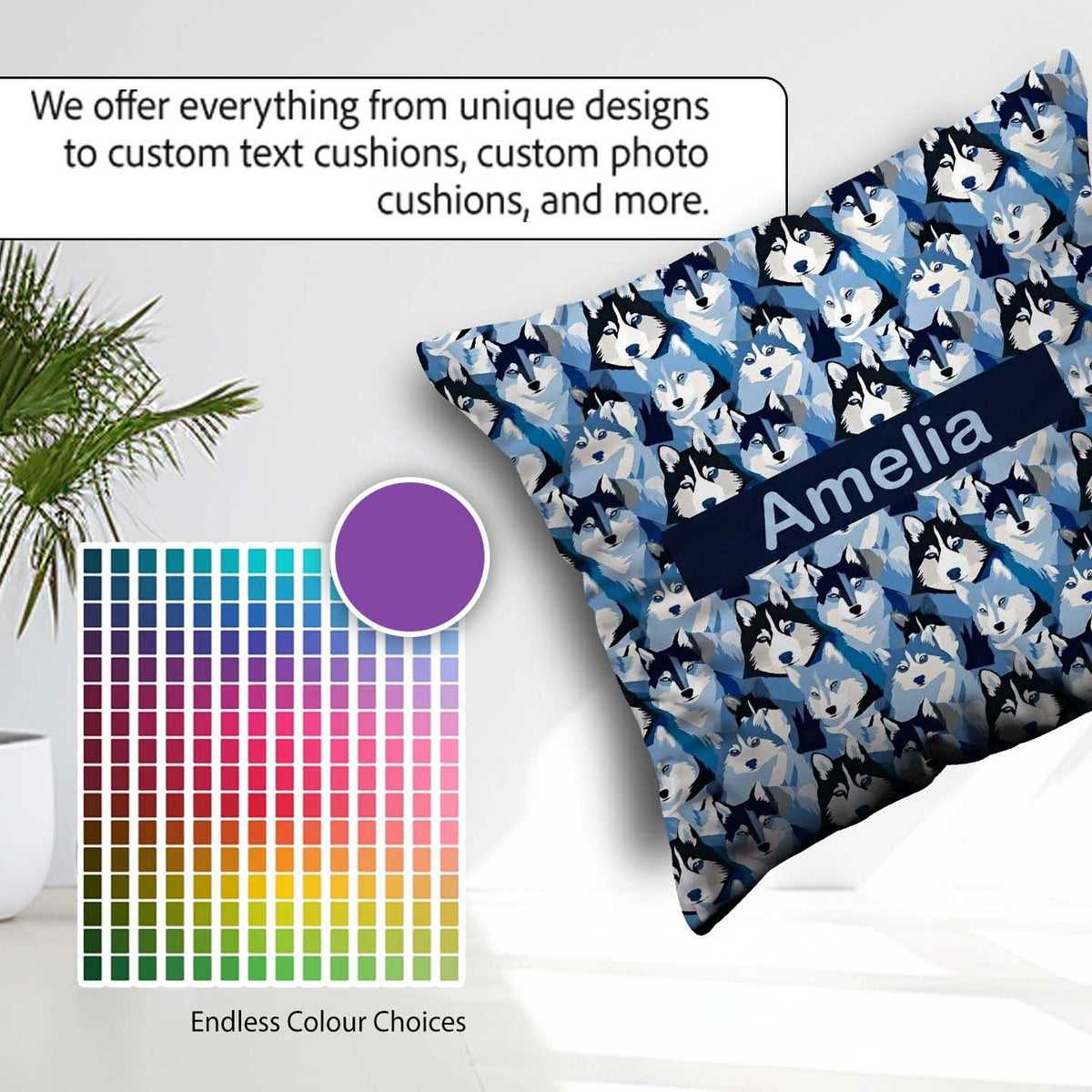 Custom Name Blue Tone Husky Faces Seamless Repeat Pattern Design Square Filled Cushion Throw Pillow Sofa Bed Home Decor Zip Washable UK Made