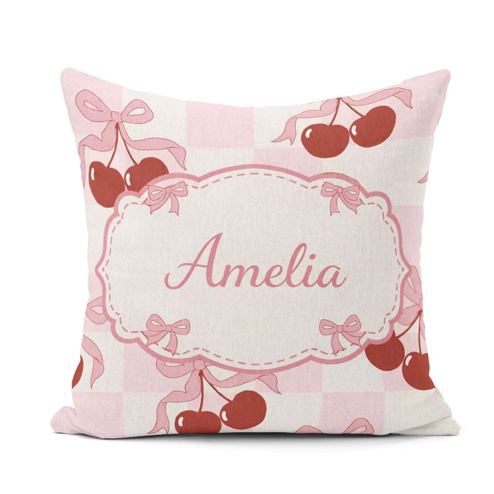 Custom Name Cherry Bow Ribbon Pink Gingham Picnic Check Seamless Square Filled Cushion Throw Pillow Sofa Bed Home Decor Zip Washable UK Made