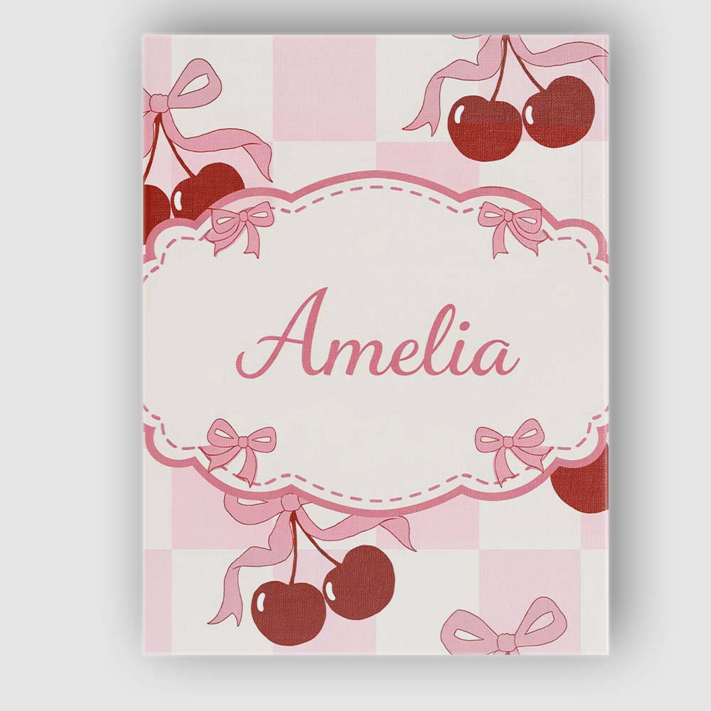 Personalised Name Cherry Bow Ribbon Cute Pink Gingham Picnic Check Custom Unique Canvas Wall Art Print Decor Picture Ready to Hang