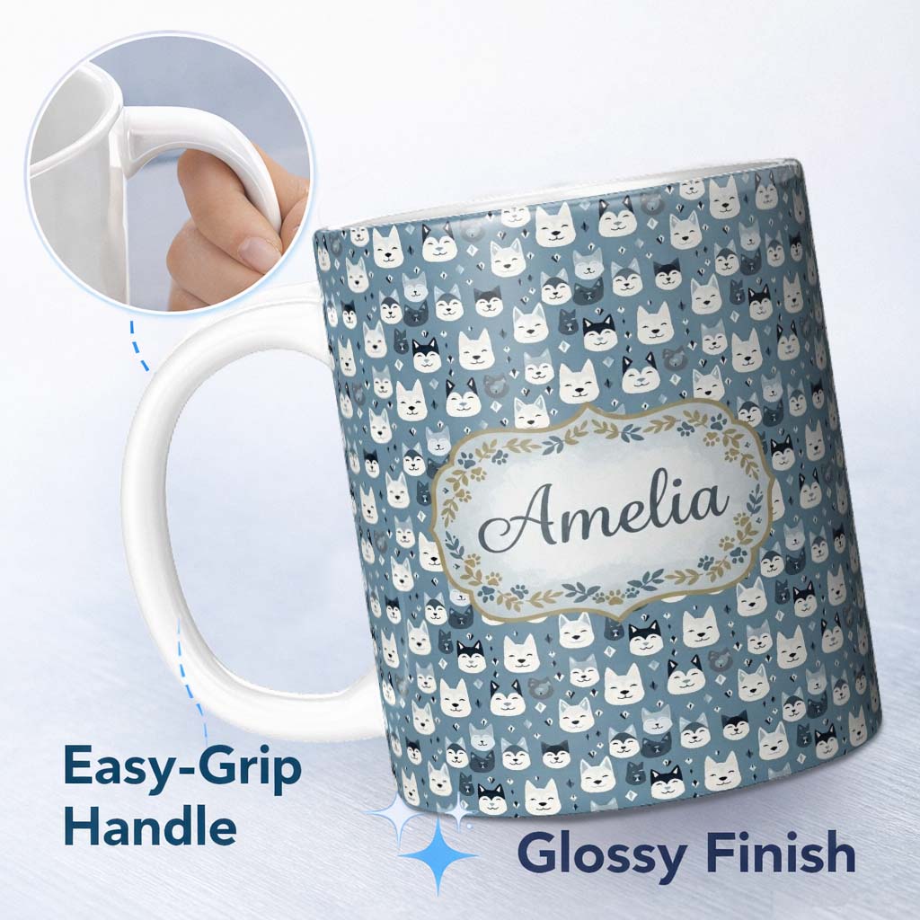 Personalized Custom Name Cute Cartoon Husky Faces Playful Seamless Pattern Blue Background 11oz Ceramic Coffee Tea Mug White Large Handle