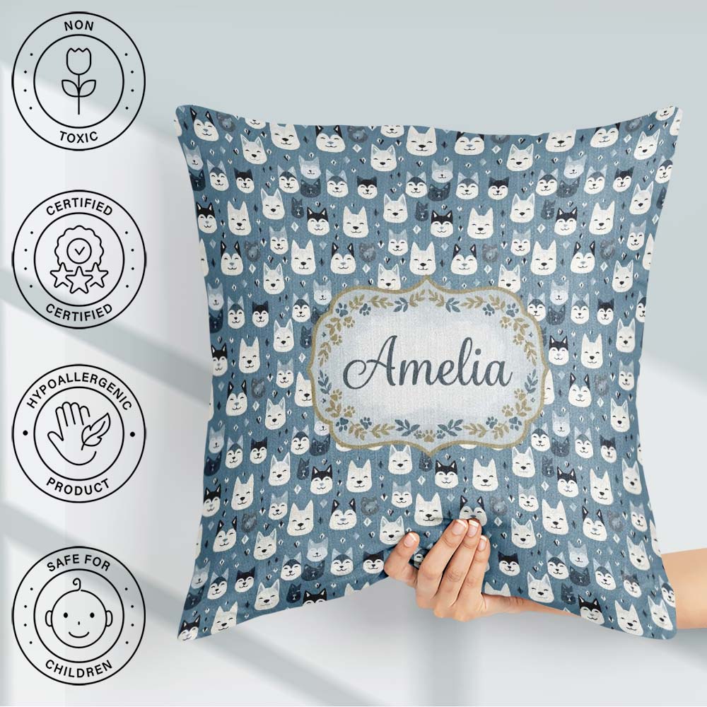 Custom Name Cartoon Husky Faces Playful Seamless Blue Background Square Filled Cushion Throw Pillow Sofa Bed Home Decor Zip Washable UK Made