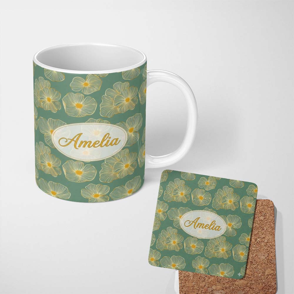 Personalized Custom Name Luxury Teal Background Gold Line Floral Blossoms Elegant Seamless 11oz Ceramic Coffee Tea Mug White Large Handle