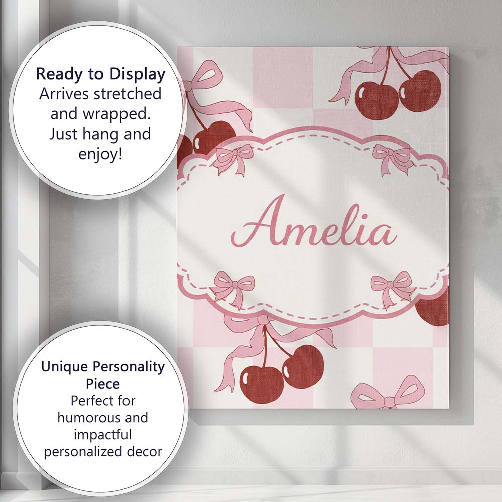 Personalised Name Cherry Bow Ribbon Cute Pink Gingham Picnic Check Custom Unique Canvas Wall Art Print Decor Picture Ready to Hang
