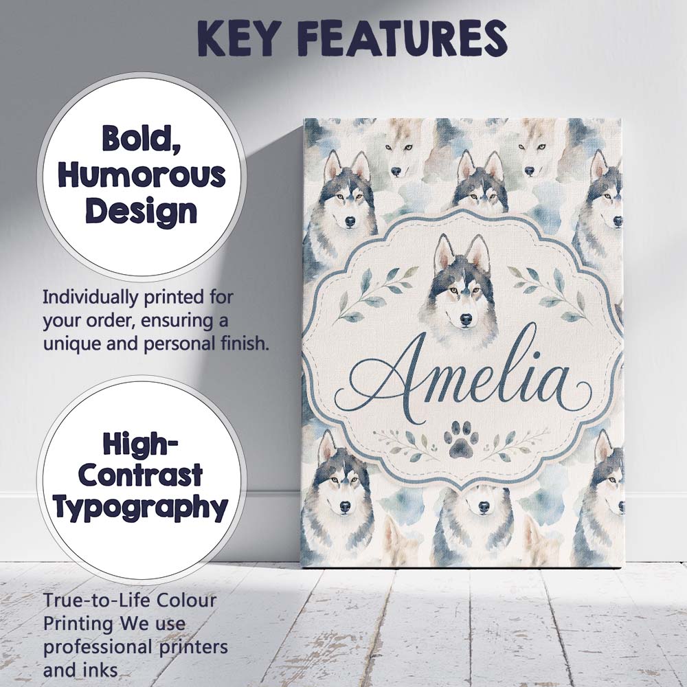 Personalised Name Watercolor Husky Dogs Custom Modern Room Accent Elegant Feature Canvas Wall Art Print Decor Picture Ready to Hang