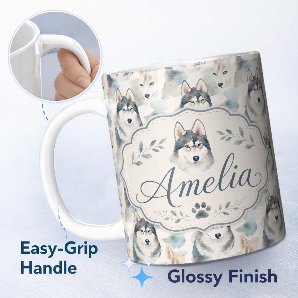 Personalized Custom Name Watercolor Husky Dogs Soft Artistic Seamless Pattern Light 11oz Ceramic Coffee Tea Mug White Large Handle