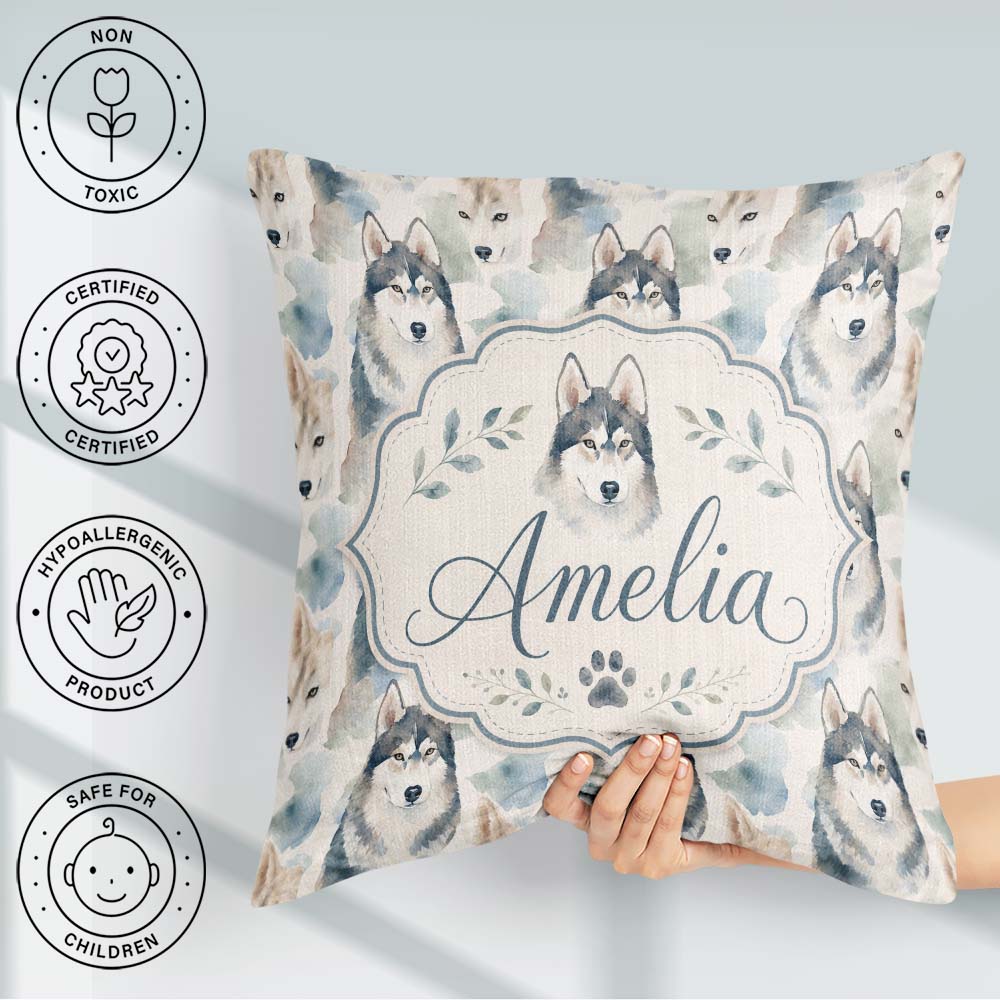 Custom Name Watercolor Husky Dogs Soft Artistic Seamless Pattern Square Filled Cushion Throw Pillow Sofa Bed Home Decor Zip Washable UK Made