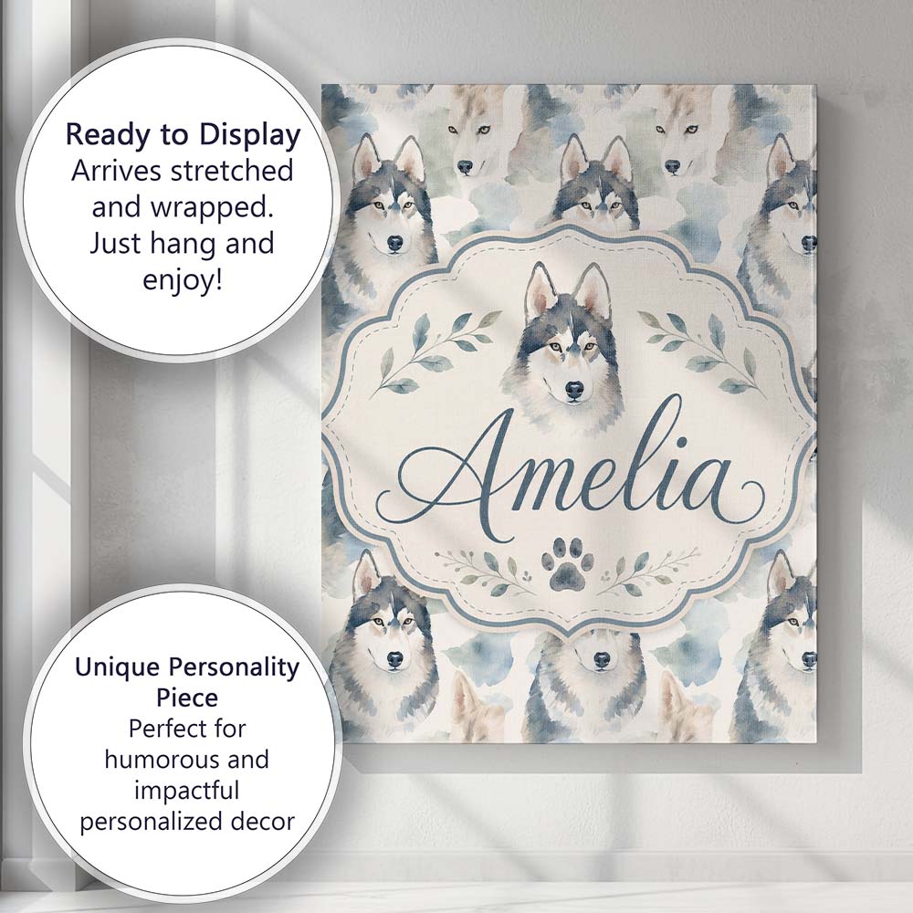 Personalised Name Watercolor Husky Dogs Custom Modern Room Accent Elegant Feature Canvas Wall Art Print Decor Picture Ready to Hang