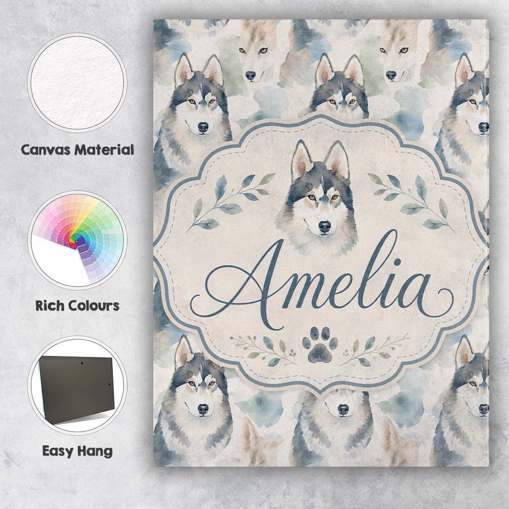 Personalised Name Watercolor Husky Dogs Custom Modern Room Accent Elegant Feature Canvas Wall Art Print Decor Picture Ready to Hang