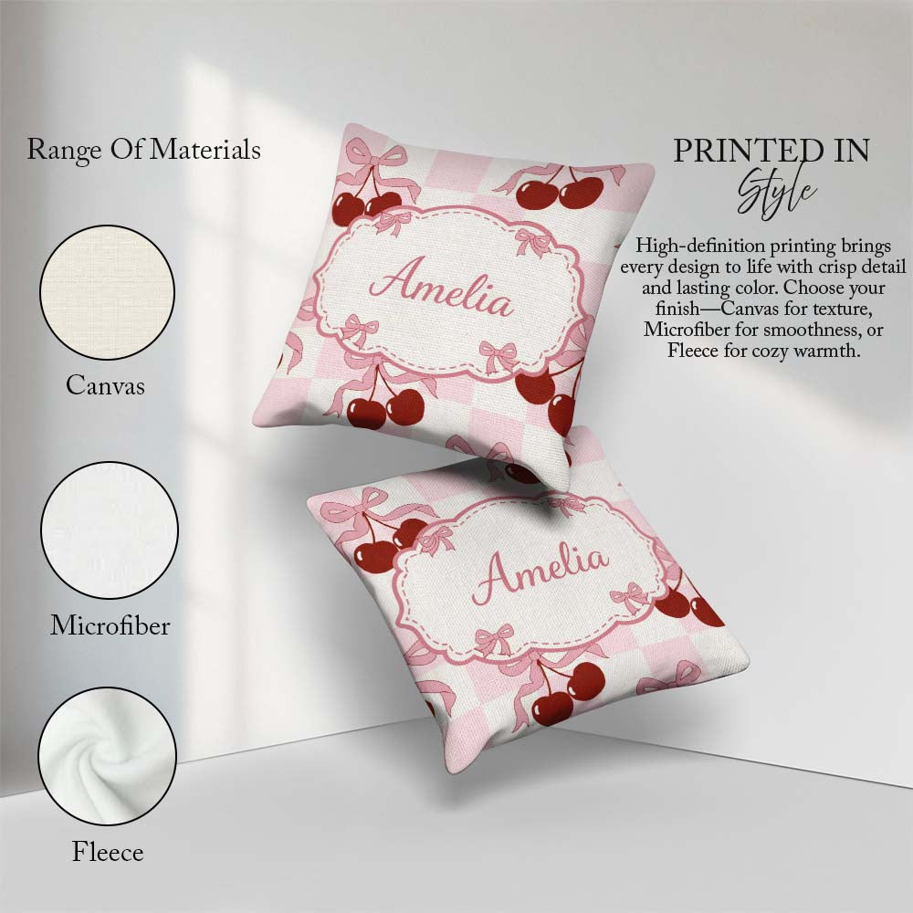 Custom Name Cherry Bow Ribbon Pink Gingham Picnic Check Seamless Square Filled Cushion Throw Pillow Sofa Bed Home Decor Zip Washable UK Made