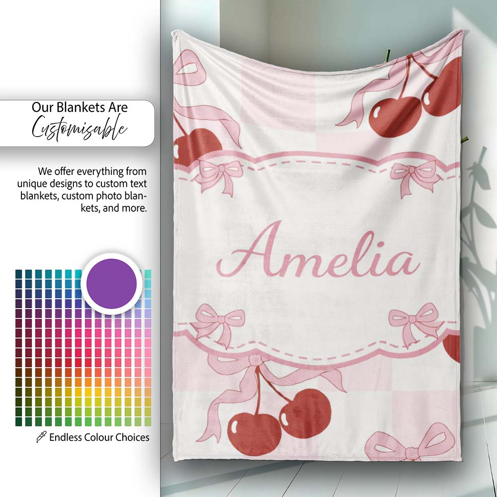 Cherry Bow Ribbon Cute Pink Gingham Picnic Check Seamless Pattern Personalised Custom Name Super Soft Fleece Blanket Bed Sofa Throw
