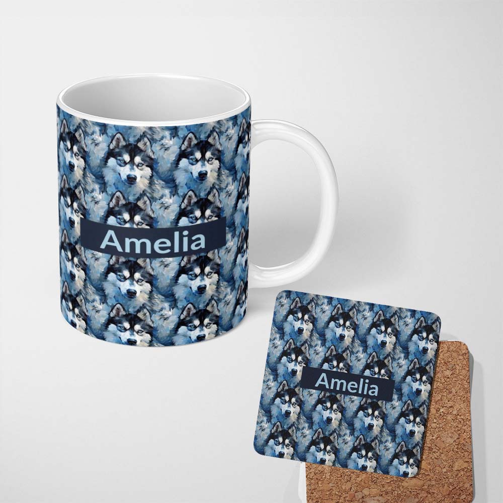 Personalized Custom Name Dark Blue Graphic Husky Pattern Modern Geometric Repeat Design Name 11oz Ceramic Coffee Tea Mug White Large Handle