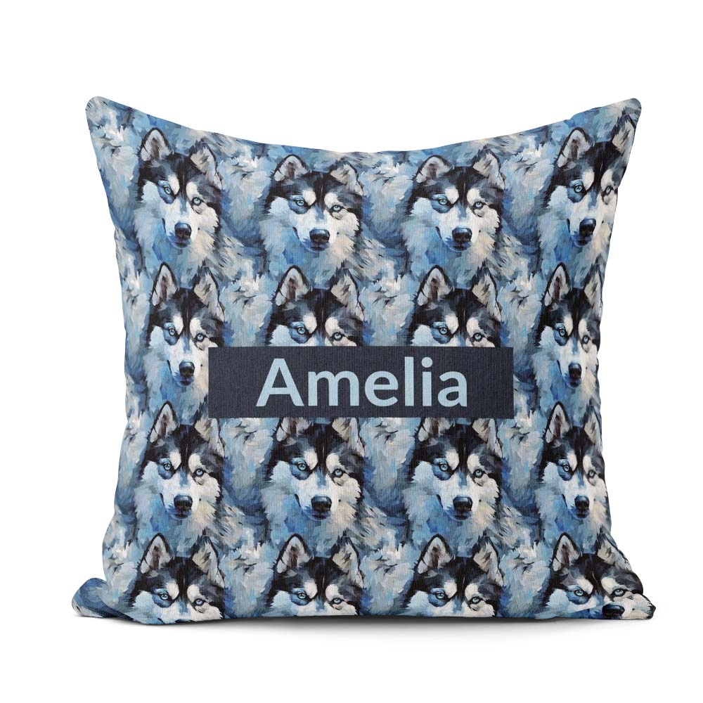 Custom Name Dark Blue Graphic Husky Pattern Modern Repeat Design Square Filled Cushion Throw Pillow Sofa Bed Home Decor Zip Washable UK Made