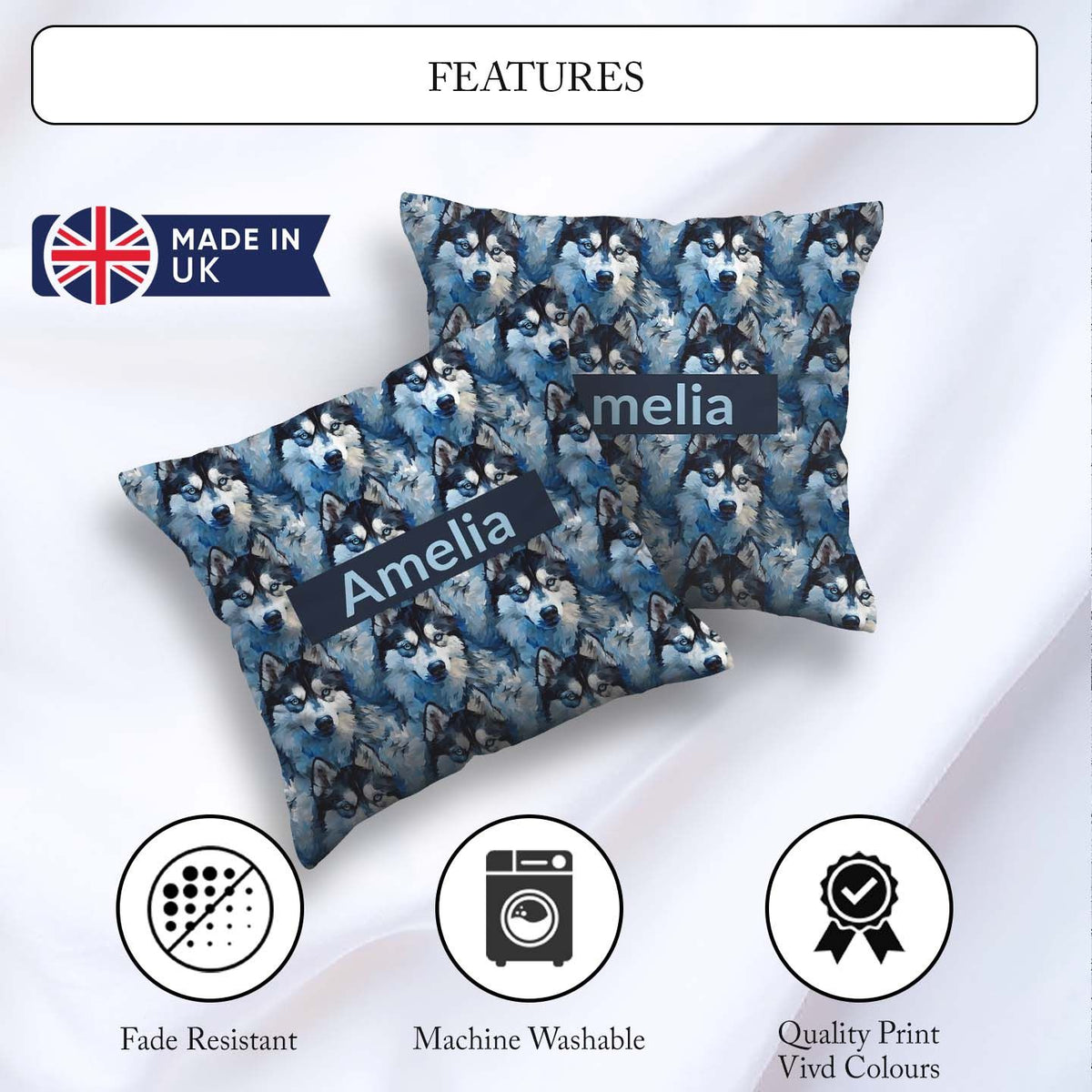 Custom Name Dark Blue Graphic Husky Pattern Modern Repeat Design Square Filled Cushion Throw Pillow Sofa Bed Home Decor Zip Washable UK Made