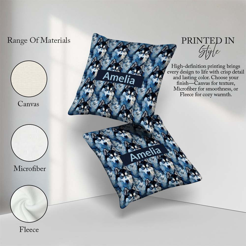 Custom Name Dark Blue Graphic Husky Pattern Modern Repeat Design Square Filled Cushion Throw Pillow Sofa Bed Home Decor Zip Washable UK Made