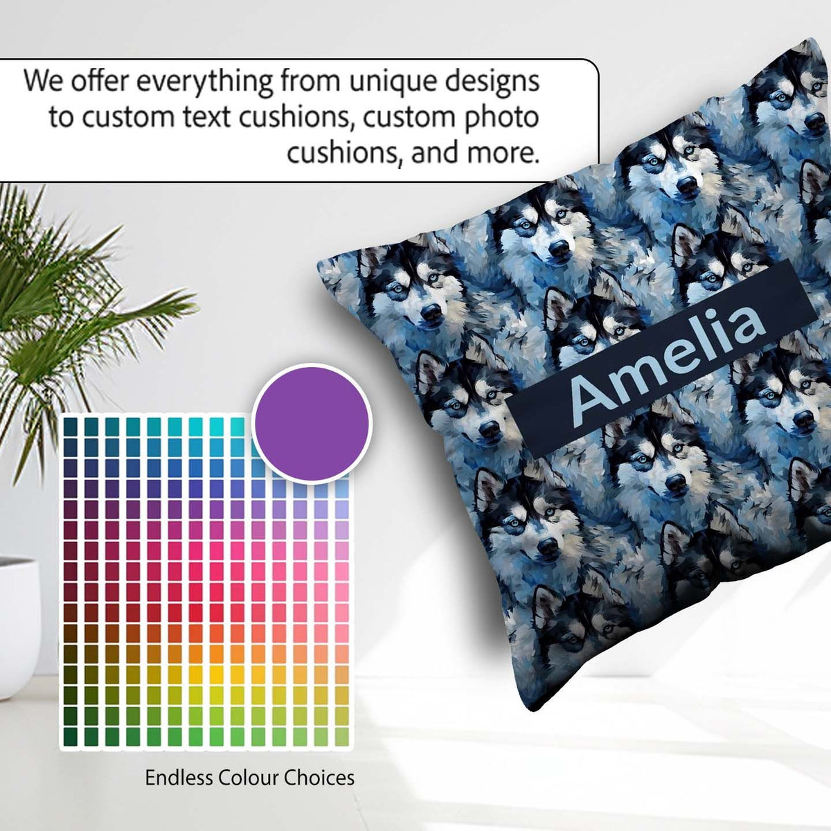 Custom Name Dark Blue Graphic Husky Pattern Modern Repeat Design Square Filled Cushion Throw Pillow Sofa Bed Home Decor Zip Washable UK Made