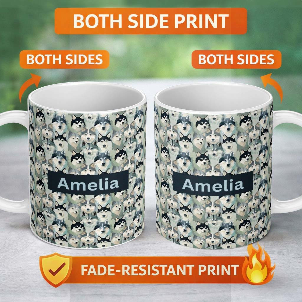 Personalized Custom Name Wolf Pack Style Husky Faces Dense Pattern Natural Tones Name Cute 11oz Ceramic Coffee Tea Mug White Large Handle