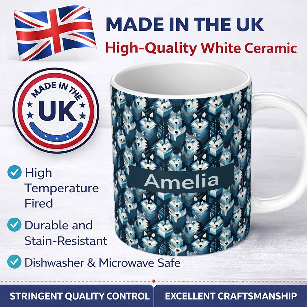Personalized Custom Name Cool Blue Husky Dog Pattern Bold Graphic Seamless Design Name Cute 11oz Ceramic Coffee Tea Mug White Large Handle