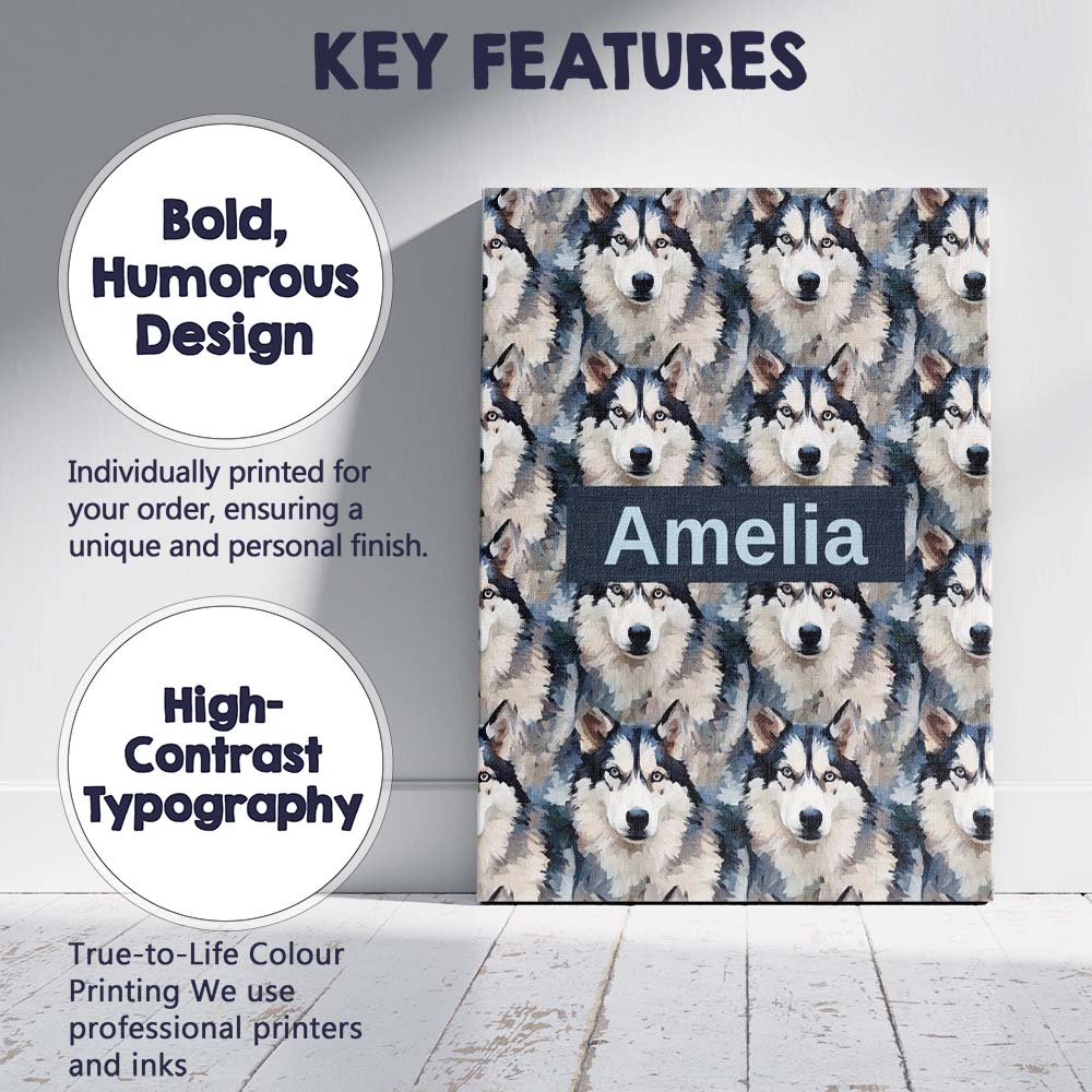 Personalised Name Realistic Husky Dog Custom Modern Room Accent Creative Decorator Style Canvas Wall Art Print Decor Picture Ready to Hang