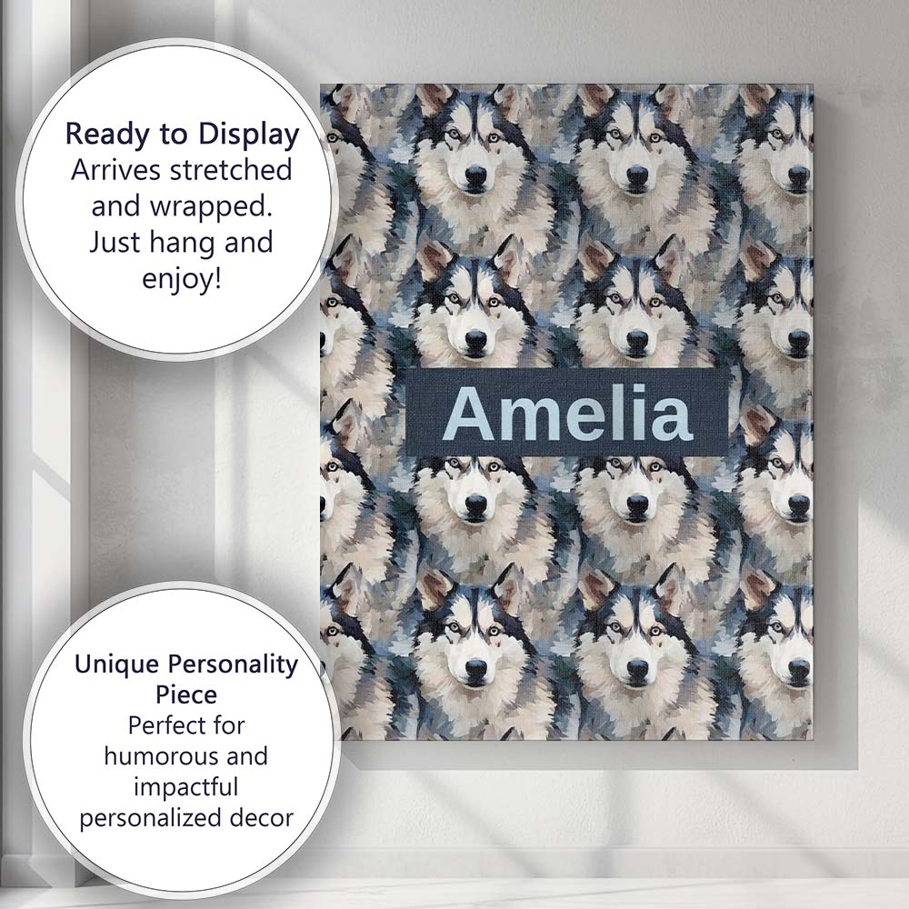 Personalised Name Realistic Husky Dog Custom Modern Room Accent Creative Decorator Style Canvas Wall Art Print Decor Picture Ready to Hang