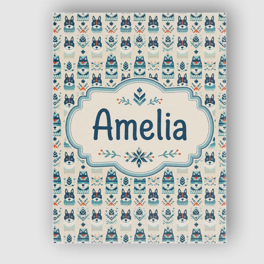 Personalised Name Cute Nordic Husky Folk Custom Unique Gift Idea Elegant Feature Canvas Wall Art Print Decor Picture Ready to Hang